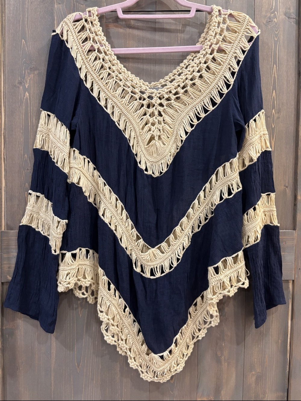 Umgee Cream Crochet Fringe V-Neck Top